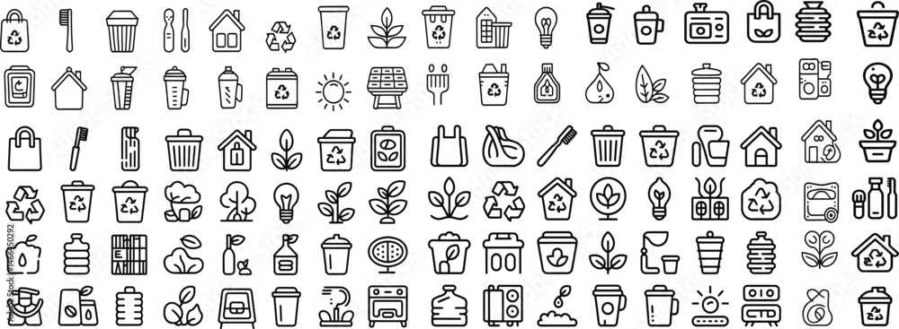 Eco and environment line icon set. Renewable energy, water conservation, earth protection, windmill, eco house and nature. Outline vector icons. Pictogram collection Eco and environment line icon set. Renewable energy, water conservation, earth protection, windmill, eco house and nature. Outline vector icons. Pictogram collection