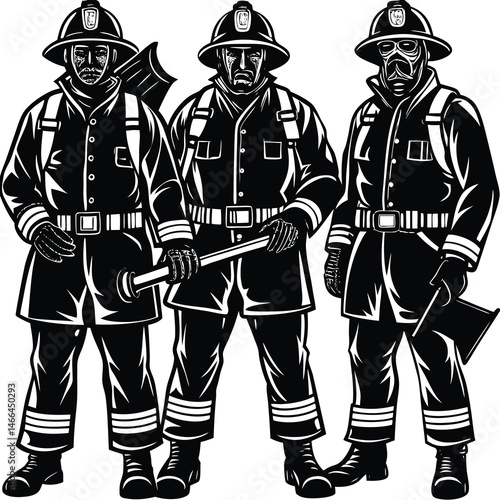 Courageous firefighters team standing together ready to serve and protect in a black and white illustration