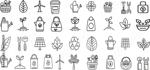Renewable energy line icon set. Solar panel, wind turbine, hydro power, battery, green energy and sustainability. Outline vector icons. Pictogram collection