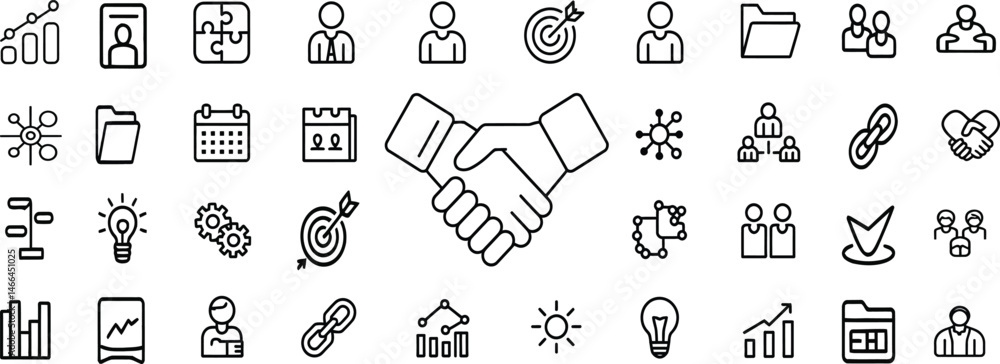 Naklejka premium Teamwork and collaboration line icon set. Group, brainstorming, idea sharing, meeting, communication and team goals. Outline vector icons. Pictogram collection