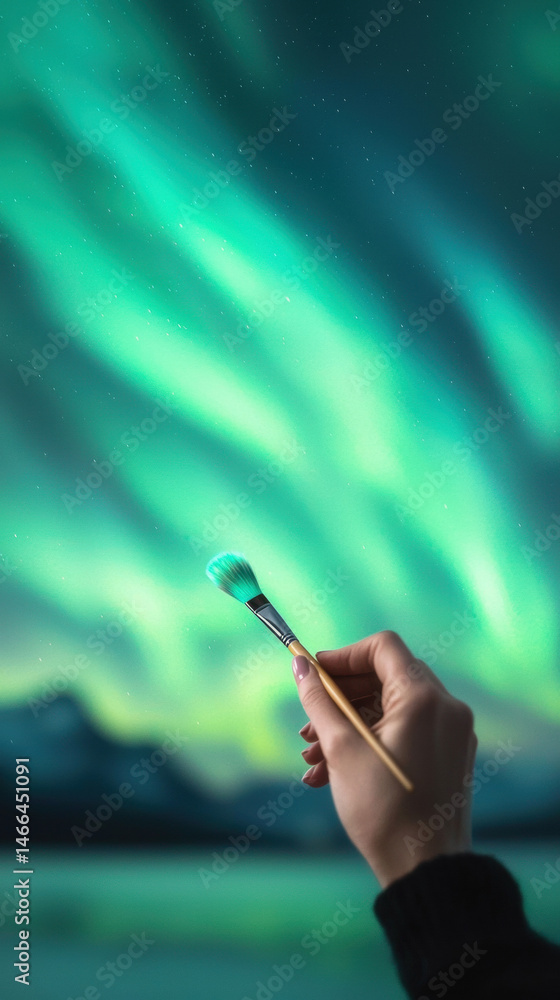 Hand holding paintbrush painting vibrant aurora sky, creative art concept, dreamy landscape, night, mountain, inspiration, closeup