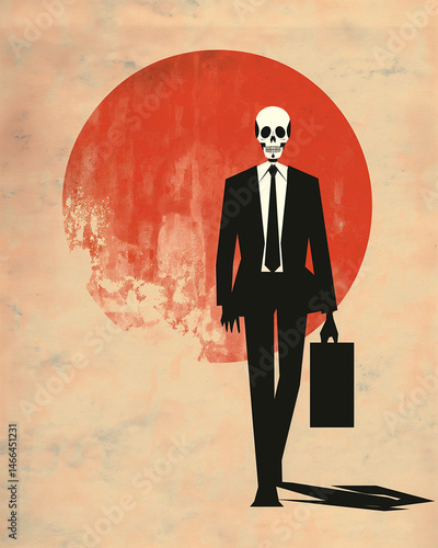 A skeleton in a suit strides confidently, carrying a briefcase under a vibrant red sun. Generative AI