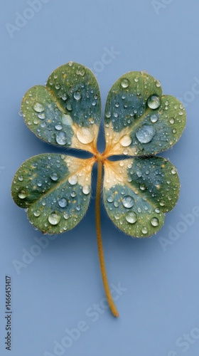 Four-leaf clovers adorned with dewdrops on a blue background – perfect for lucky-themed visuals, inspirational greeting cards, or minimalist phone wallpapers.