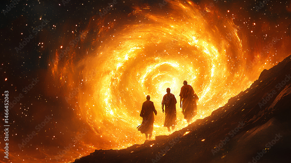 Obraz premium Shadrach, Meshach, and Abednego in the fiery furnace, depicted within a swirling nebula, highlighting their faith amidst trials, with copy space