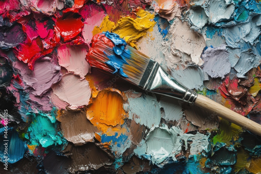 Fototapeta premium Colorful paint palette with brush resting on vibrant paints in an artist's studio