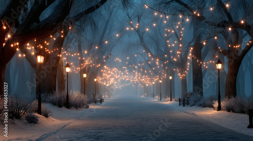 Enchanting winter forest path dazzled by christmas lights in snowy wonderland nighttime serenity