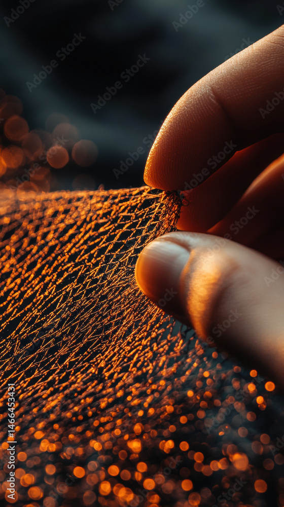 Hand gently touching textured orange fabric, closeup detail with warm lighting, creative textile art, soft and intricate surface