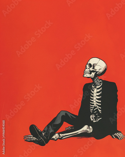 A dapper skeleton in a suit contemplates life while sitting on a vivid red surface with style. Generative AI
