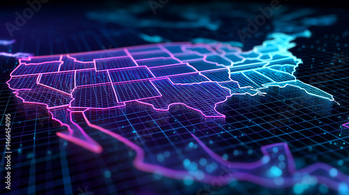 Illuminated American Map: A vibrant, futuristic depiction of the United States map is rendered with neon lines and a glowing digital grid, symbolizing connectivity and technological advancement. 