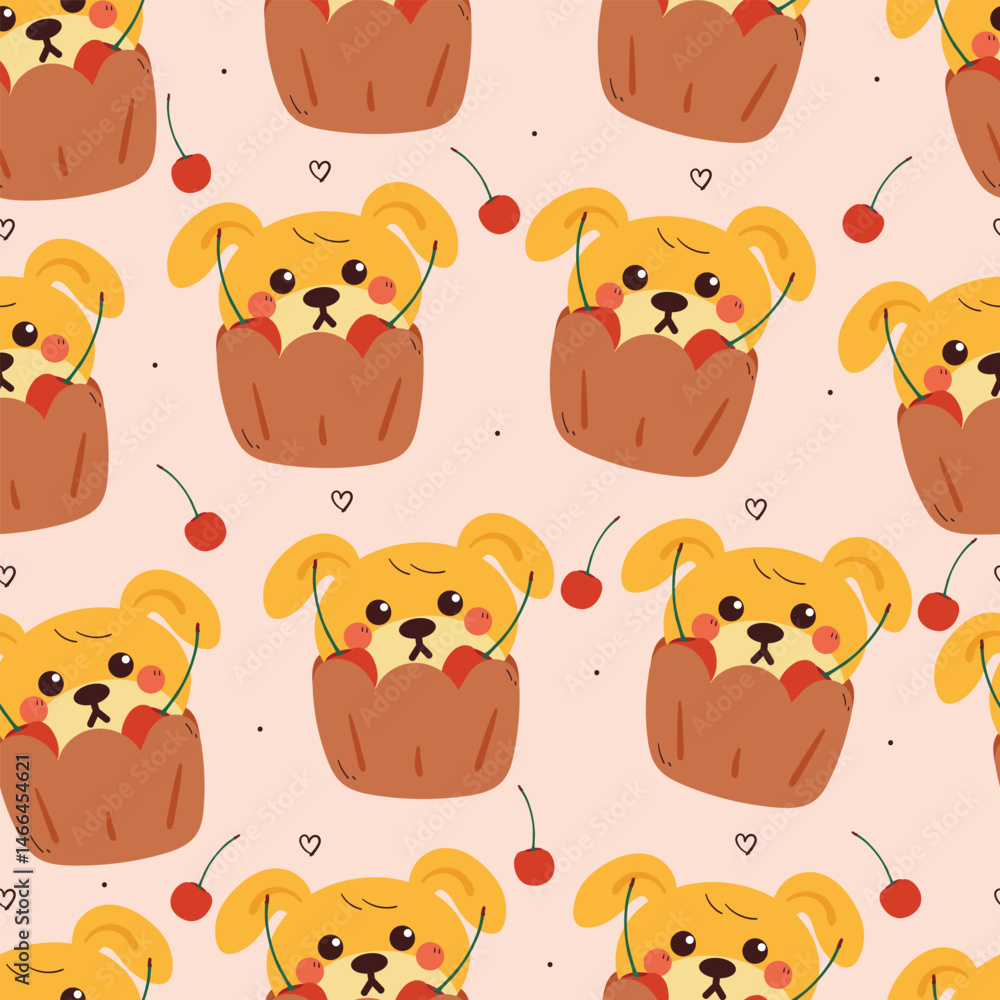 Obraz premium seamless pattern cute cartoon puppy inside cupcake with cherry. animal pattern for wallpaper, background and gift wrap paper