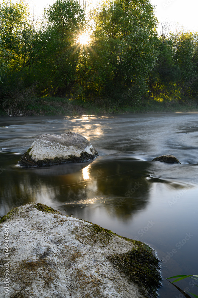 Sunrise over a misty river surrounded by lush green trees in spring. Tranquil nature landscape with calm water, fog, and golden sunlight reflecting on the surface. Ideal for eco, travel, wellness.