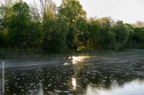 Obraz na płótnie Sunrise over a misty river surrounded by lush green trees in spring. Tranquil nature landscape with calm water, fog, and golden sunlight reflecting on the surface. Ideal for eco, travel, wellness. w salonie
