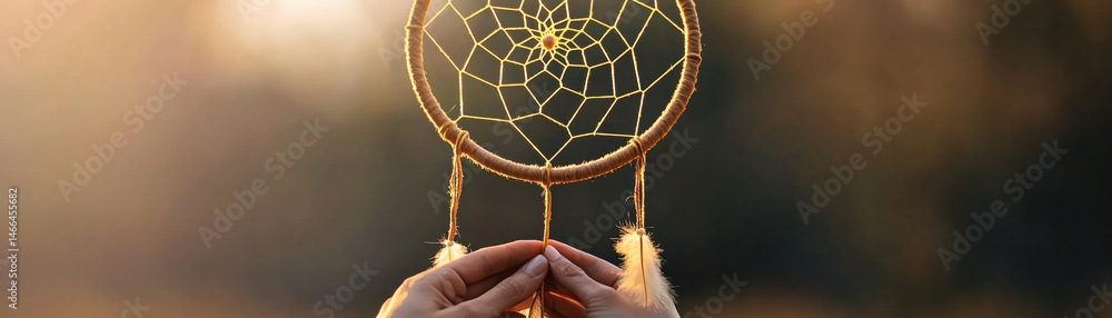 Closeup hands holding handmade dreamcatcher with feathers, sunlight background, peaceful and creative atmosphere