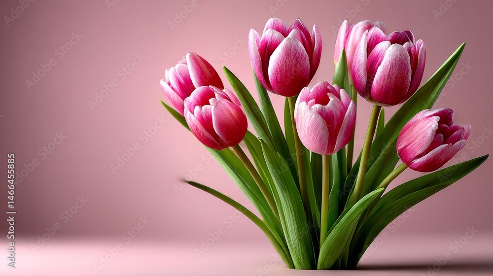Fototapeta premium Elegant Bouquet of Pink and White Tulips on a Soft Pink Backdrop, Evoking Springtime Beauty