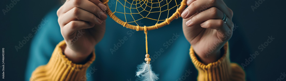 Closeup hands holding handmade dreamcatcher with yellow thread, wooden beads, and white feather, cozy and creative atmosphere
