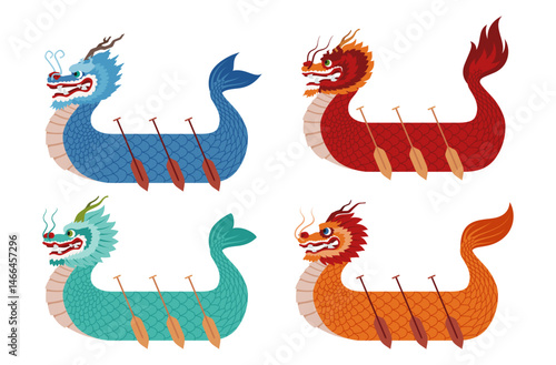 Asian dragon boat with paddles traditional festival nautical vessel side view set vector flat