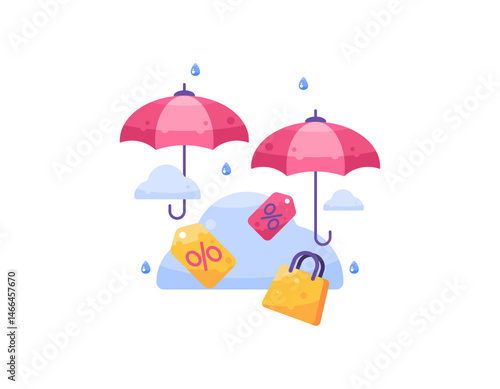 monsoon sale concept. illustration of an umbrella with shopping bags, clouds, discount labels and raindrops. flat style design. design elements, advertising, celebration, event, special, offer, promo