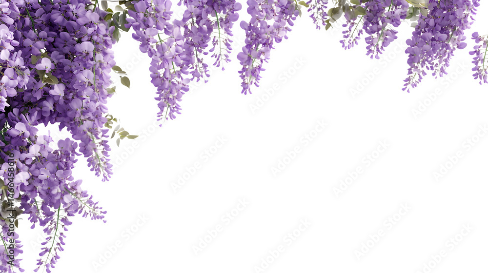 Photorealistic render of a left-side vertical floral border made of cascading Wisteria blooms (purple), elegant and flowing design, isolated on Transparent Background Photorealistic render of a left-side vertical floral border made of cascading Wisteria blooms (purple), elegant and flowing design, isolated on Transparent Background