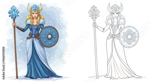 Artistic Warrior in Frost: A mystical woman warrior stands resolute, clad in elegant blue attire and adorned with an ornate headdress, wielding a crystalline staff.