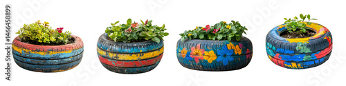 A collection of recycled tire planters with colorful painted flowers, transparent background.