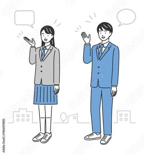 junior high school students, explaining, full body, vector illustration