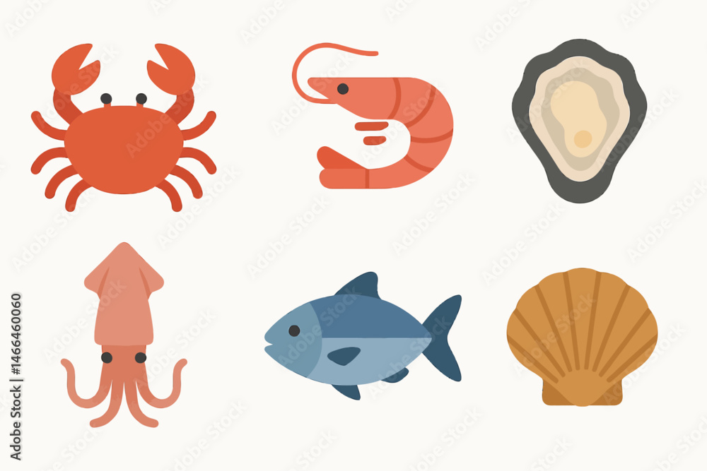 Obraz premium Flat seafood and sea animal vector icons Vector