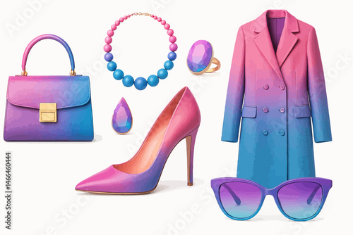 Pink and blue gradient fashion accessories set Vector