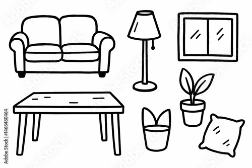 Hand-drawn living room furniture and decor icons Vector