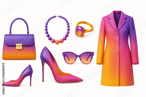 Gradient fashion accessories and clothing set Vector