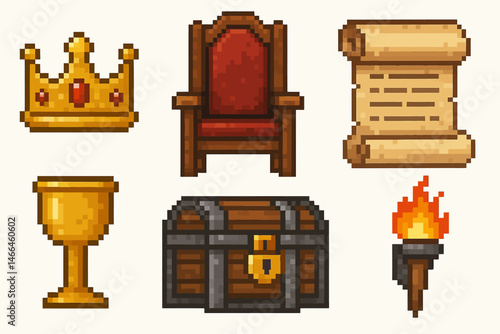 Pixel art medieval icons set with throne and crown Vector
