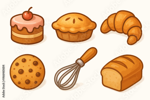 Cute bakery icon set with desserts and tools Vector