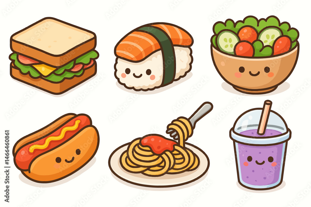 Cute kawaii food icons with smiling faces Vector Cute kawaii food icons with smiling faces Vector