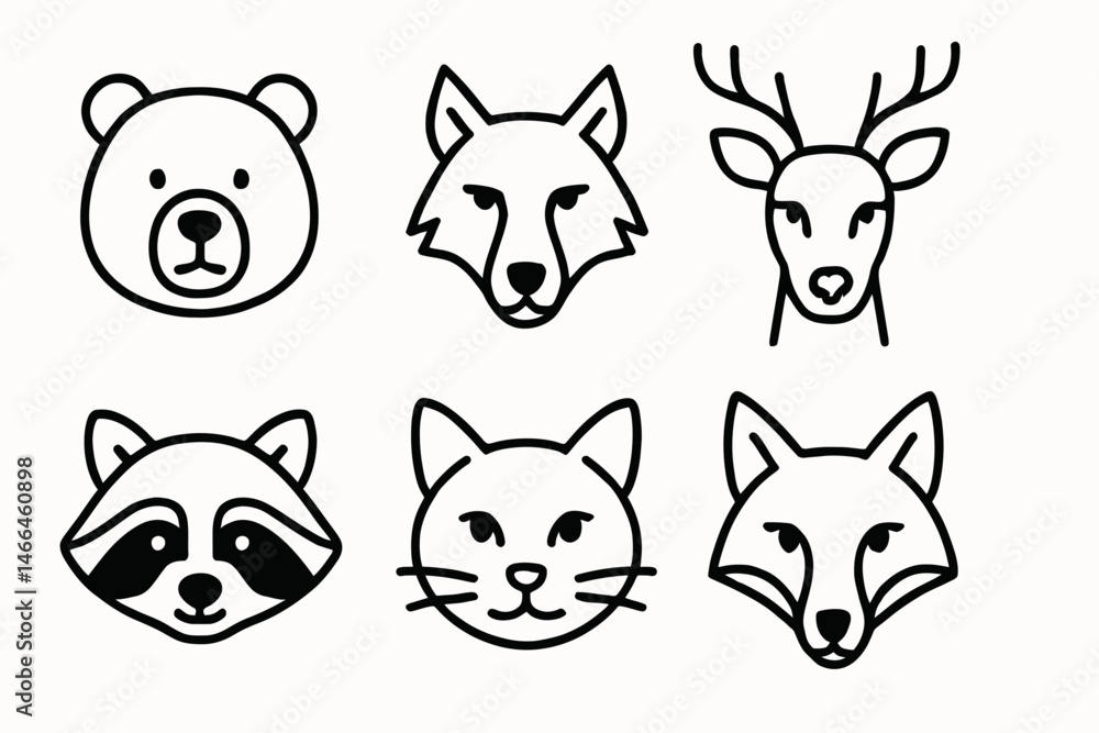 Fototapeta premium Outlined animal face icons in black line art Vector