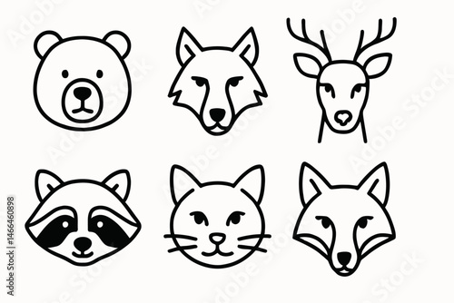 Outlined animal face icons in black line art Vector