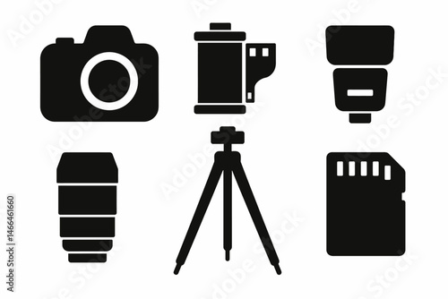 Essential photography equipment icons in black Vector