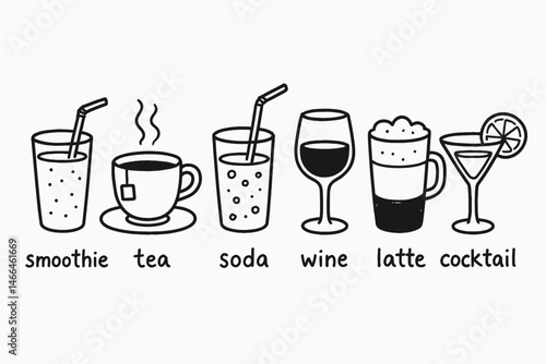 Minimalist beverage icons with handwritten labels Vector