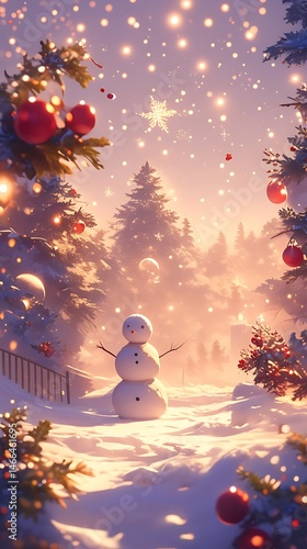 Enchanting Winter Wonderland A Snowman's Serene Journey Through a Luminous Forest Glade Under a Gently Falling Veil of Snowflakes