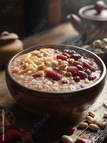 Delightful Bowl of Congee Rice Porridge Adorned with Sweet Toppings and Nuts A Wholesome and Heartwarming Asian Cuisine Meal Experience