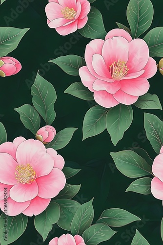 A Captivating Display of Pink Camellias Blossoming Amidst Lush Green Leaves A Delicate Dance of Nature's Beauty and Timeless Floral Elegance