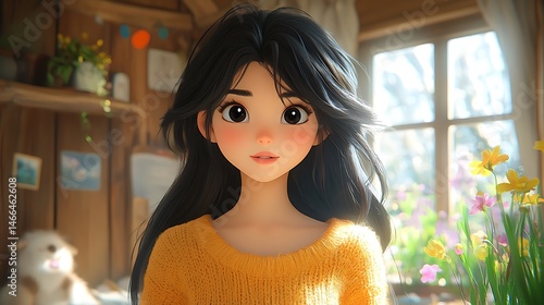 A Serene Girl With Black Hair And Yellow Sweater Looking To The Viewer in a Cottage with Sunny Background