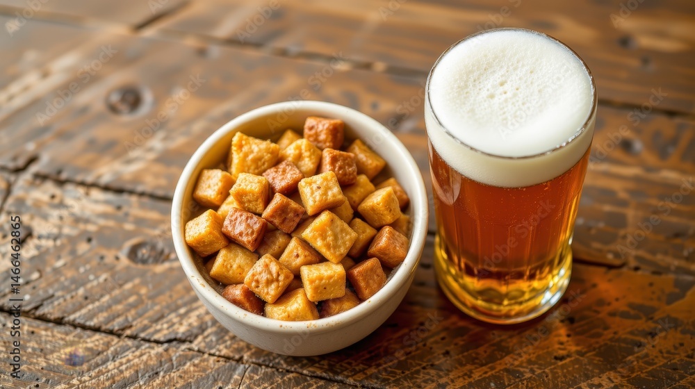 Crunchy Snacks and Refreshing Beer on a Rustic Wooden Table Perfect for Casual Gatherings and Parties Crunchy Snacks and Refreshing Beer on a Rustic Wooden Table Perfect for Casual Gatherings and Parties