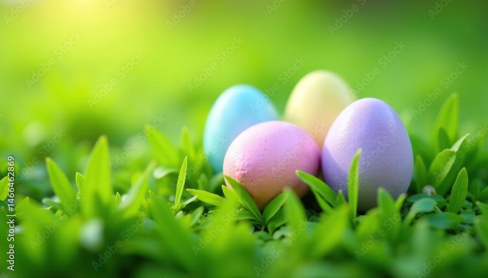 Delicate pastel Easter eggs nestled in green grass, spring, sunshine, rustic Delicate pastel Easter eggs nestled in green grass, spring, sunshine, rustic