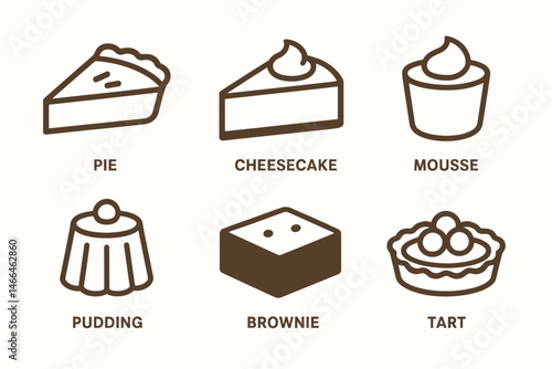 Minimalist dessert icon set in brown line art Vector