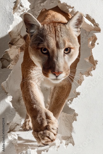 Dynamic puma breaking through a wall in a powerful, hyperrealistic scene – perfect for marketing visuals, editorial use, or symbolic storytelling about strength, determination, and bold action.