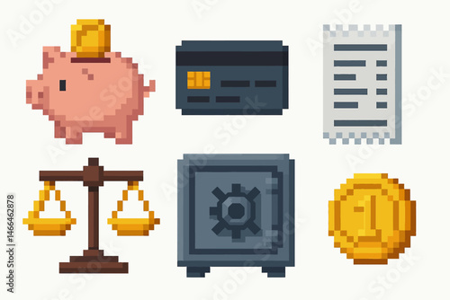 Pixel art finance and banking icon set Vector