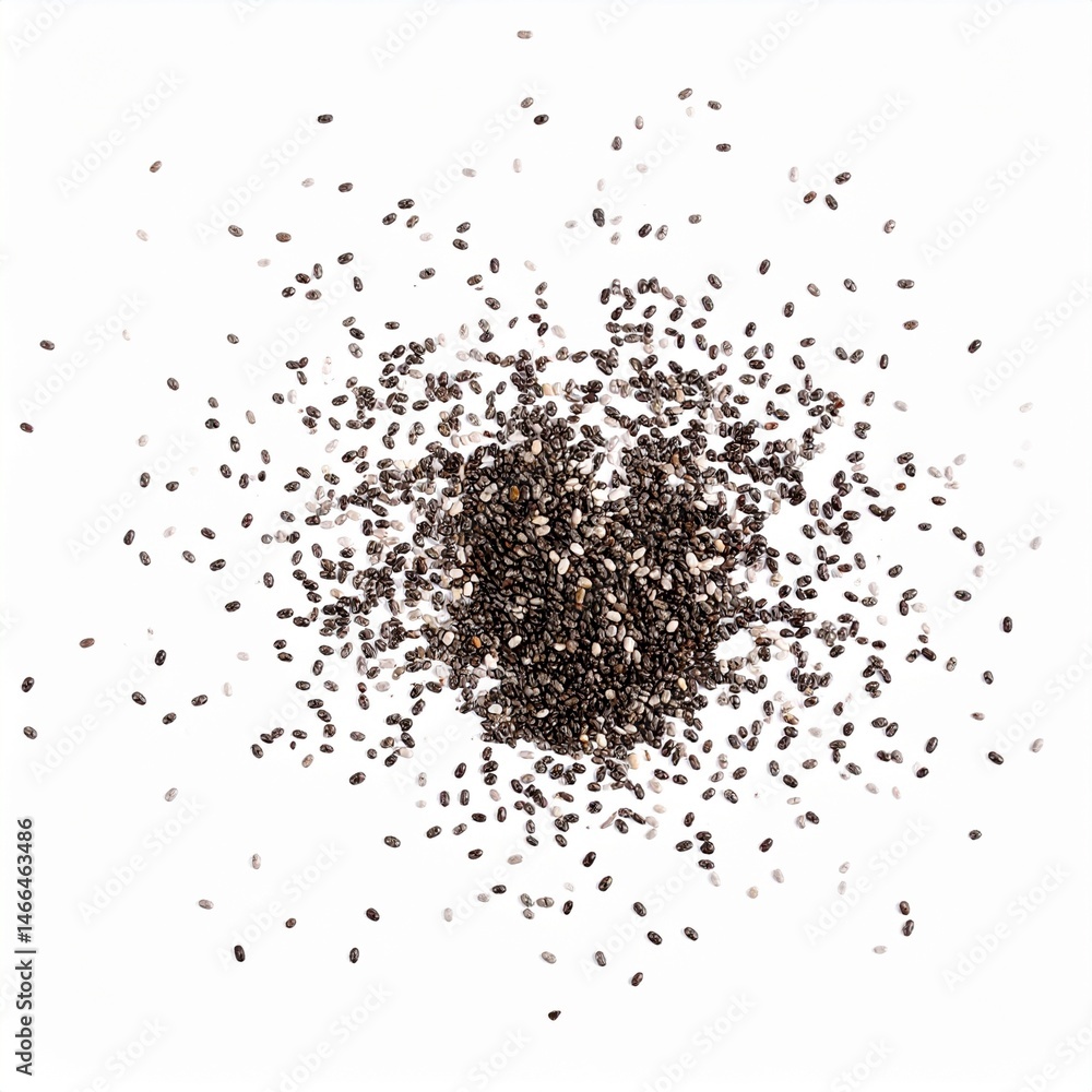 Chia Seeds with Seed Dust on Isolated White Background Chia Seeds with Seed Dust on Isolated White Background