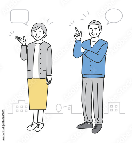 senior couple, explaining, full body, vector illustration
