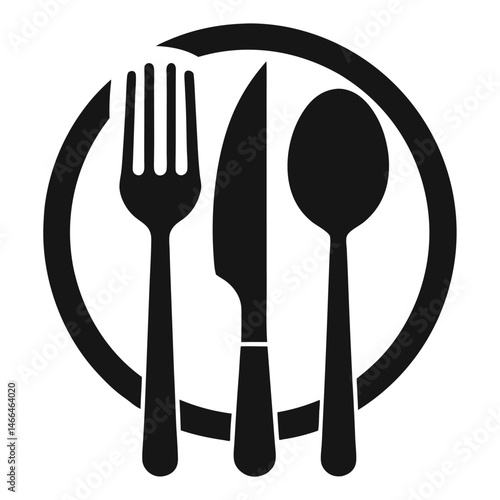 A stylized fork, knife, and spoon form a circular emblem together