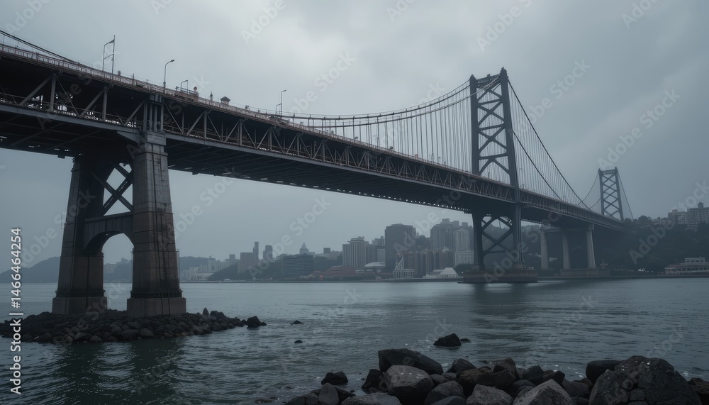 Fototapeta premium Imposing Tsing Ma Bridge under a Cloudy Sky