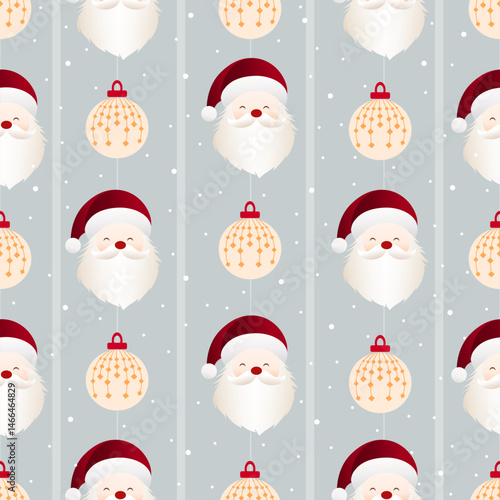 Seamless Christmas pattern with cute Santa Claus faces and festive baubles on a soft gray-blue background. Perfect for holiday wrapping paper, winter fabric, and seasonal digital projects.
